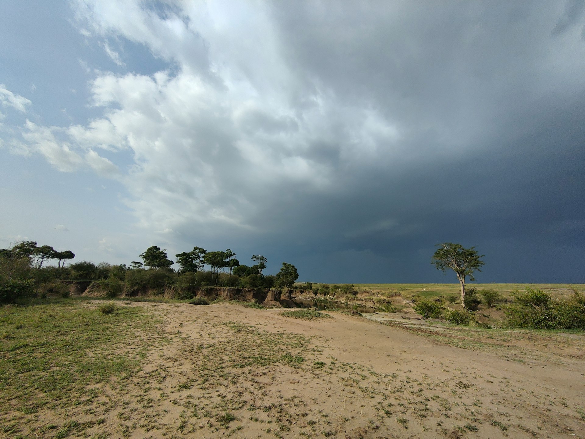 A dirt road in a field under a cloudy sky